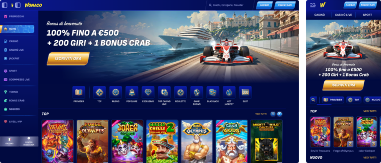 Wonaco Casino - 100% fino a €500 + 200 Giri + 1 Bonus Crab