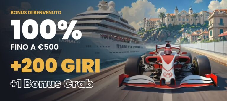 Wonaco Casino - 100% fino a €500 + 200 Giri + 1 Bonus Crab